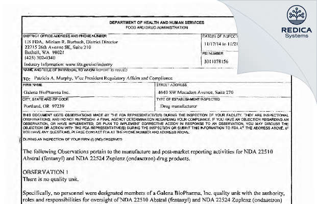 FDA 483 - Galena Biopharma, Inc. [San Ramon / United States of America] - Download PDF - Redica Systems