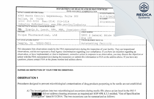 FDA 483 - QuVa Pharma, Inc. [Temple / United States of America] - Download PDF - Redica Systems