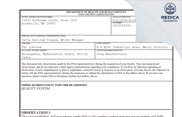 FDA 483 - FDC LIMITED [India / India] - Download PDF - Redica Systems