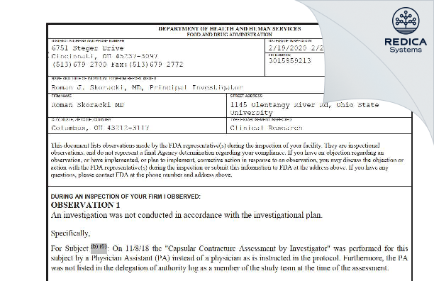 FDA 483 - Roman Skoracki MD [Columbus / United States of America] - Download PDF - Redica Systems