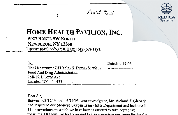 FDA 483 Response - Home Health Pavilion [Newburgh / United States of America] - Download PDF - Redica Systems