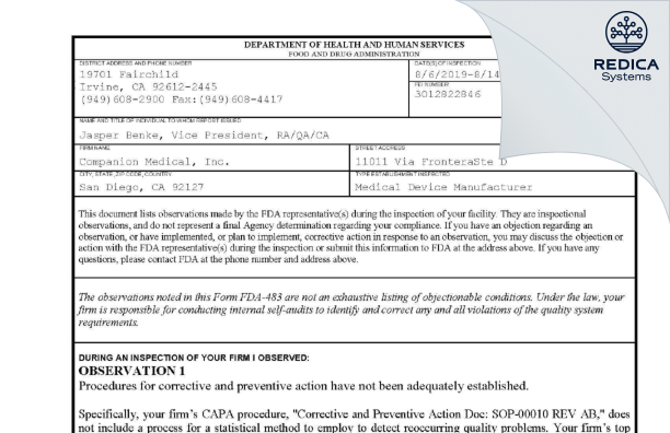 FDA 483 - Companion Medical, Inc. [San Diego / United States of America] - Download PDF - Redica Systems