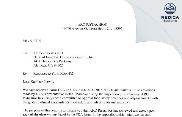 FDA 483 Response - ARO Pistachios, Inc. [Terra Bella / United States of America] - Download PDF - Redica Systems