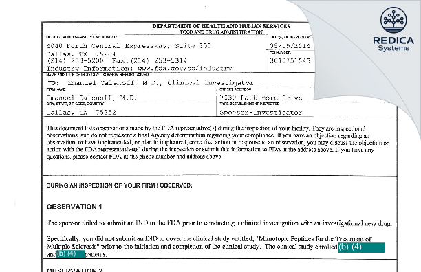 FDA 483 - Emanuel Calenoff, M.D. [Dallas / United States of America] - Download PDF - Redica Systems