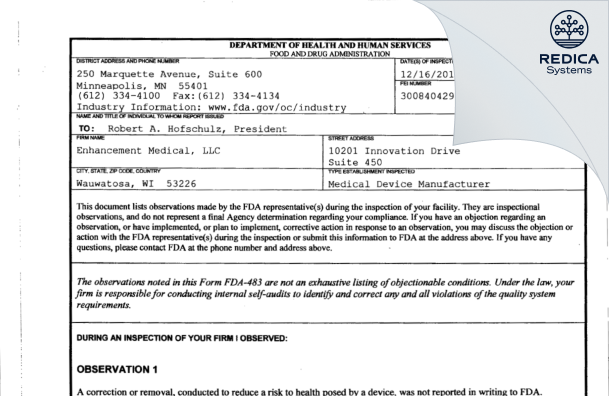 FDA 483 - Enhancement Medical, LLC [Wauwatosa / United States of America] - Download PDF - Redica Systems