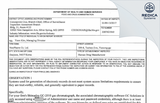 FDA 483 - Neopharm Co. Ltd. [- / -] - Download PDF - Redica Systems