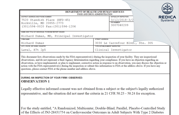 FDA 483 - Richard Dumas [Laval / Canada] - Download PDF - Redica Systems
