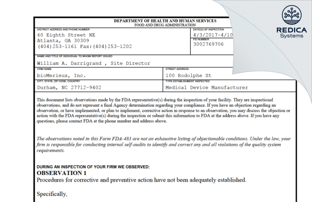 FDA 483 - bioMerieux, Inc. [Durham / United States of America] - Download PDF - Redica Systems