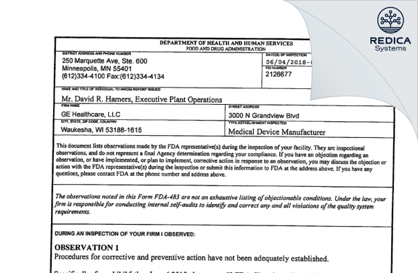 FDA 483 - GE Medical Systems, LLC [Waukesha / United States of America] - Download PDF - Redica Systems