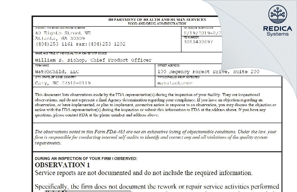FDA 483 - WatchChild, LLC [Cary / United States of America] - Download PDF - Redica Systems