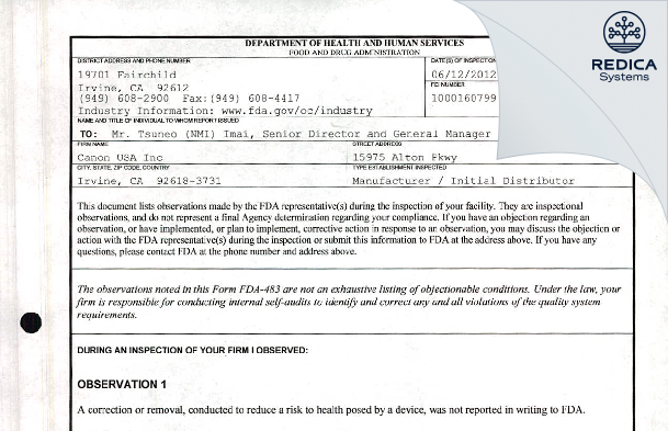 FDA 483 - Canon USA Inc [Irvine / United States of America] - Download PDF - Redica Systems