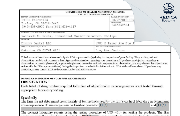 FDA 483 - Discus Dental, LLC [California / United States of America] - Download PDF - Redica Systems