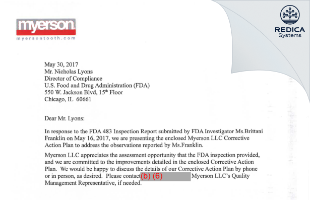 FDA 483 Response - Myerson LLC [Chicago / United States of America] - Download PDF - Redica Systems