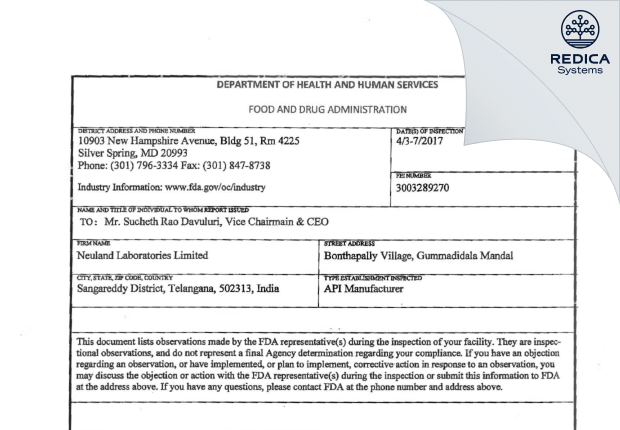 FDA 483 - NEULAND LABORATORIES LIMITED [India / India] - Download PDF - Redica Systems