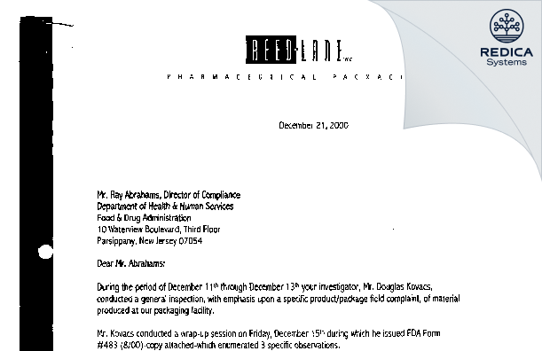 FDA 483 Response - Reed-Lane, Inc. [Wayne / United States of America] - Download PDF - Redica Systems