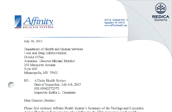 FDA 483 Response - Affinity Health System, Inc. (IRB) [Appleton / United States of America] - Download PDF - Redica Systems
