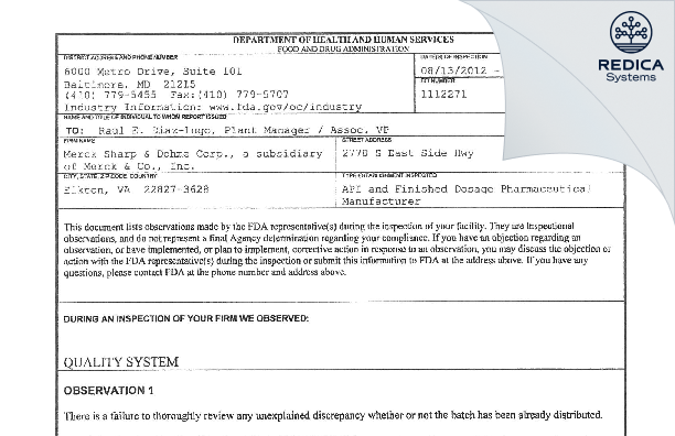 FDA 483 - Merck Sharp & Dohme LLC [Elkton / United States of America] - Download PDF - Redica Systems