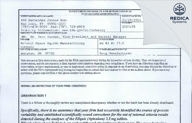 FDA 483 - Bristol-Myers Squibb Manufacturing Company Unlimited Company [Rico / United States of America] - Download PDF - Redica Systems