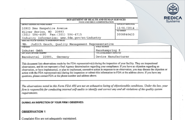 FDA 483 - Inkutec Gmbh [Barsbuttel / Germany] - Download PDF - Redica Systems