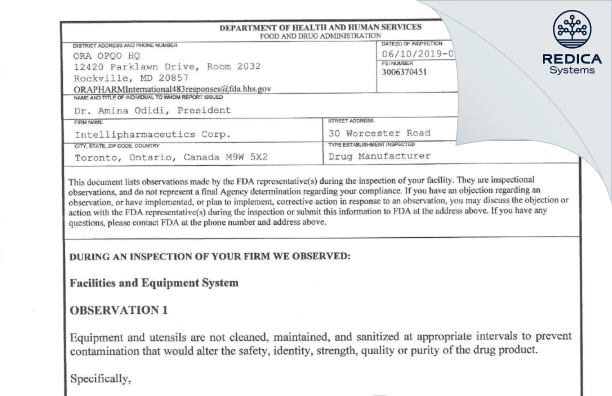 FDA 483 - Intellipharmaceutics Corp. [Toronto / Canada] - Download PDF - Redica Systems
