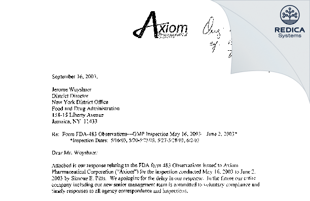 FDA 483 Response - Axiom Pharmaceutical Corporation [Congers / United States of America] - Download PDF - Redica Systems