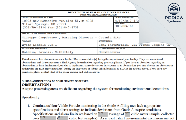 FDA 483 - Wyeth Lederle SRL [Italy / Italy] - Download PDF - Redica Systems