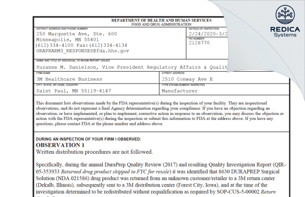FDA 483 - 3M Company [Saint Paul / United States of America] - Download PDF - Redica Systems