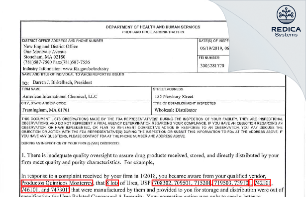 FDA 483 - American International Chemical, LLC [Framingham / United States of America] - Download PDF - Redica Systems