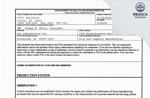 FDA 483 - GAR Laboratories Inc. [California / United States of America] - Download PDF - Redica Systems