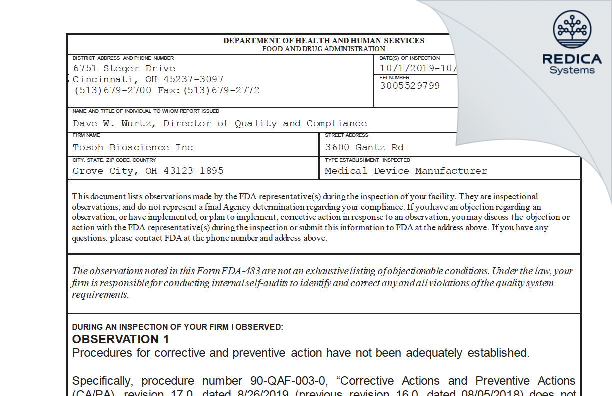 FDA 483 - Tosoh Bioscience Inc [Grove City / United States of America] - Download PDF - Redica Systems