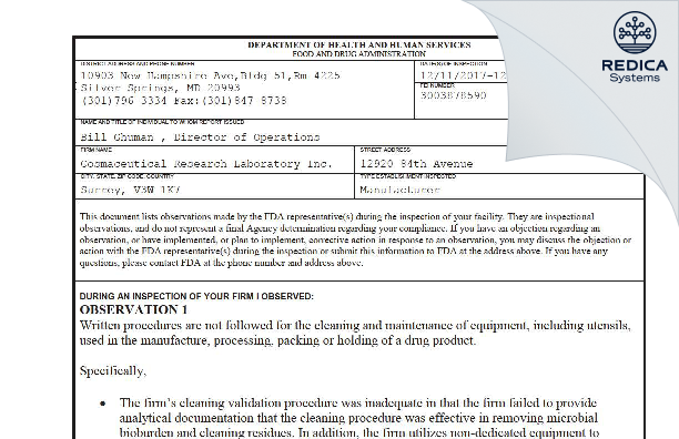 FDA 483 - Cosmaceutical Research Laboratory Inc [Surrey / Canada] - Download PDF - Redica Systems