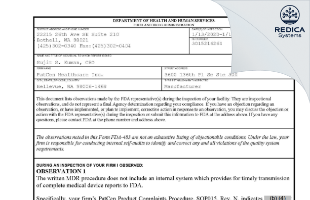 FDA 483 - PatCen Healthcare Inc. [Bellevue / United States of America] - Download PDF - Redica Systems