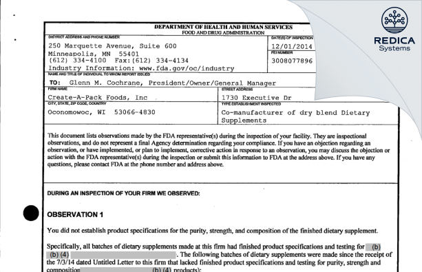 FDA 483 - Create-A-Pack Foods, Inc [Oconomowoc / United States of America] - Download PDF - Redica Systems