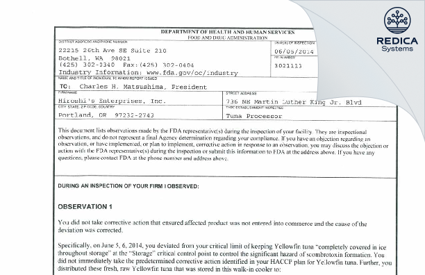 FDA 483 - Hiroshi's Enterprises, Inc. [Portland / United States of America] - Download PDF - Redica Systems