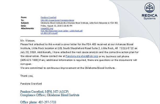 FDA 483 Response - Oklahoma Blood Institute Arkansas Blood Institute [Little Rock / United States of America] - Download PDF - Redica Systems