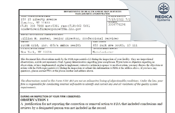 FDA 483 - DICOM Grid, Inc. [New York / United States of America] - Download PDF - Redica Systems