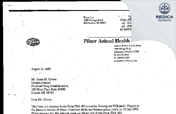 FDA 483 Response - Pfizer Animal Health [Kalamazoo / United States of America] - Download PDF - Redica Systems