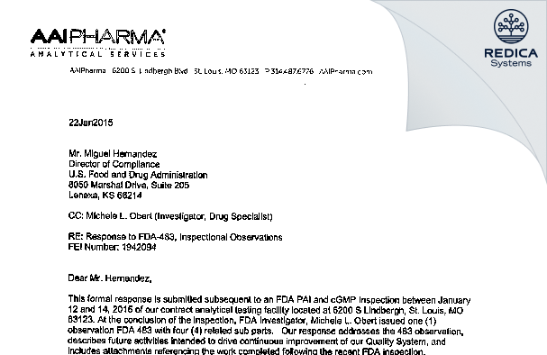 FDA 483 Response - Alcami Carolinas Corporation [St. Louis / United States of America] - Download PDF - Redica Systems