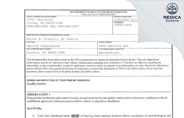 FDA 483 - Sanitor Corporation [California / United States of America] - Download PDF - Redica Systems