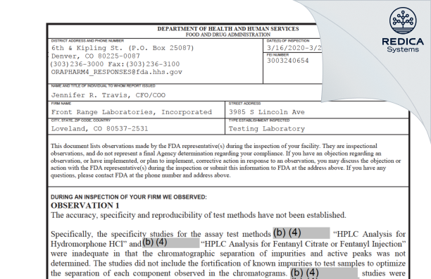 FDA 483 - Front Range Laboratories, Inc. [Loveland / United States of America] - Download PDF - Redica Systems
