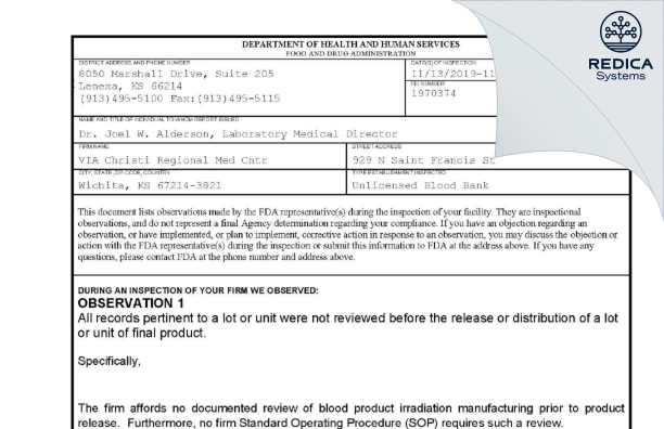 FDA 483 - VIA Christi Regional Med Cntr [Wichita / United States of America] - Download PDF - Redica Systems