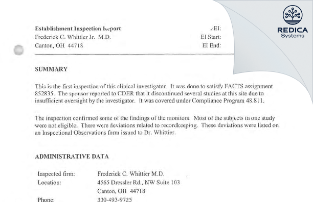 EIR - Frederick C Whittier J MD [Canton / United States of America] - Download PDF - Redica Systems