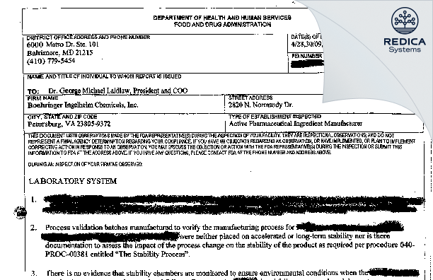 FDA 483 - Boehringer Ingelheim Chemicals, Inc. [Petersburg / United States of America] - Download PDF - Redica Systems