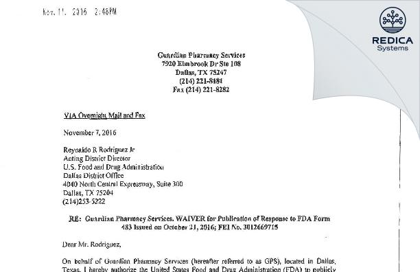 FDA 483 Response - Guardian Pharmacy Services [Dallas / United States of America] - Download PDF - Redica Systems