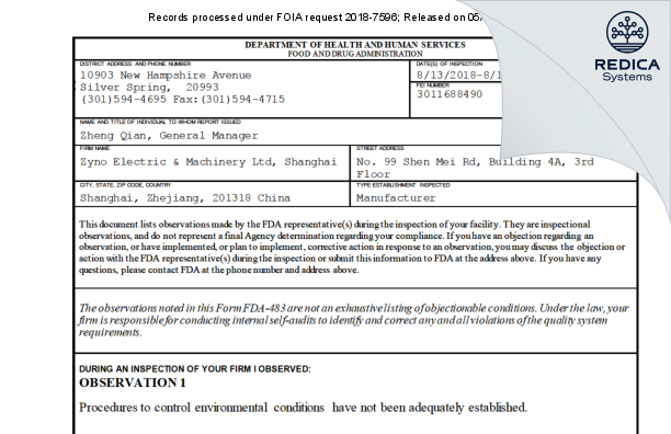 FDA 483 - Zyno Electric & Machinery Ltd, Shanghai [Shanghai / China] - Download PDF - Redica Systems