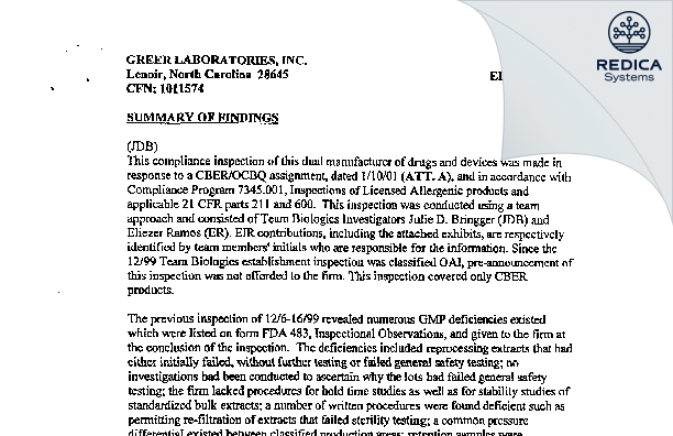 EIR - Greer Laboratories, Inc. [Carolina / United States of America] - Download PDF - Redica Systems
