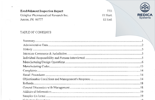 EIR - Galephar Pharmaceutical Research Inc [Puerto Rico / United States of America] - Download PDF - Redica Systems