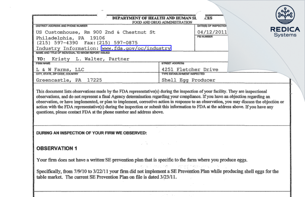 FDA 483 - L & W Farms, LLC [Greencastle / United States of America] - Download PDF - Redica Systems