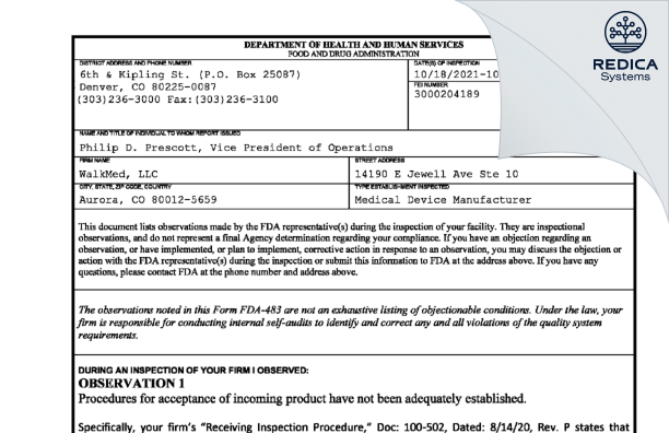 FDA 483 - WalkMed, LLC [Aurora / United States of America] - Download PDF - Redica Systems