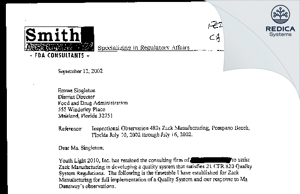 FDA 483 Response - Youth Light 2010, Inc. [Pompano Beach / United States of America] - Download PDF - Redica Systems
